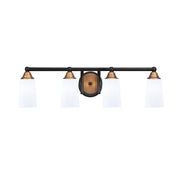 Toltec Paramount 4-Light Bath Bar | Modern Matte Black & Brass with White Opal Glass | Bathroom Vanity & Powder Room | 7.25 x 8.75 in | Model 3424-MBBR-261