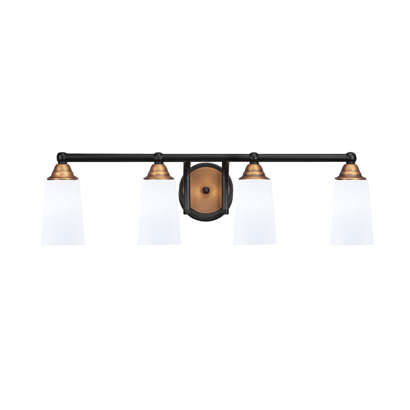 Toltec Paramount 4-Light Bath Bar | Modern Matte Black & Brass with White Opal Glass | Bathroom Vanity & Powder Room | 7.25 x 8.75 in | Model 3424-MBBR-261