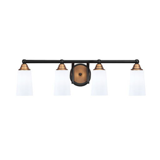 Toltec Paramount 4-Light Bath Bar | Modern Matte Black & Brass with White Opal Glass | Bathroom Vanity & Powder Room | 7.25 x 8.75 in | Model 3424-MBBR-261