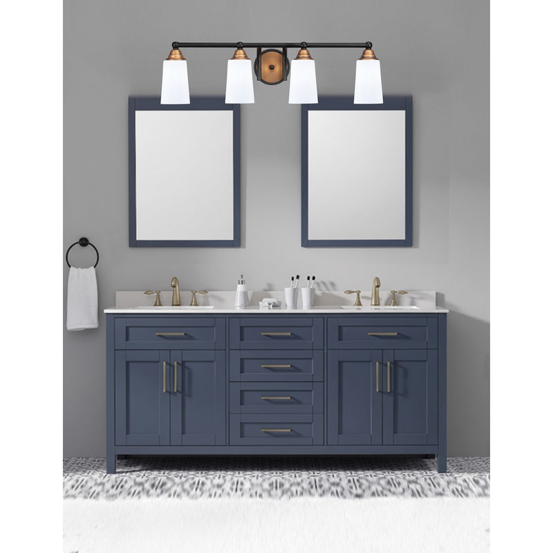 Toltec Paramount 4-Light Bath Bar | Modern Matte Black & Brass with White Opal Glass | Bathroom Vanity & Powder Room | 7.25 x 8.75 in | Model 3424-MBBR-261
