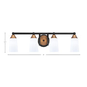Toltec Paramount 4-Light Bath Bar | Modern Matte Black & Brass with White Opal Glass | Bathroom Vanity & Powder Room | 7.25 x 8.75 in | Model 3424-MBBR-261