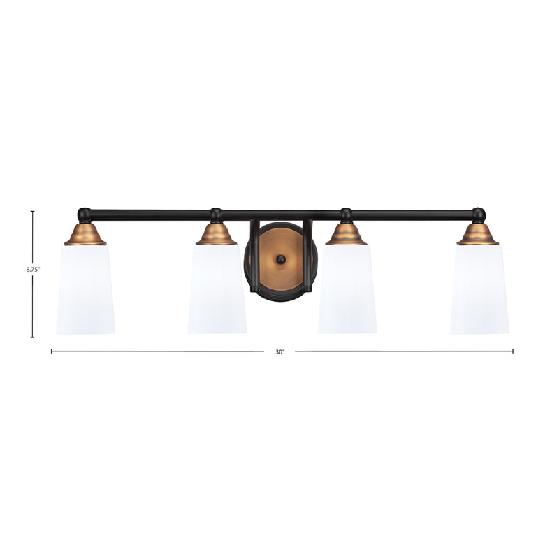 Toltec Paramount 4-Light Bath Bar | Modern Matte Black & Brass with White Opal Glass | Bathroom Vanity & Powder Room | 7.25 x 8.75 in | Model 3424-MBBR-261