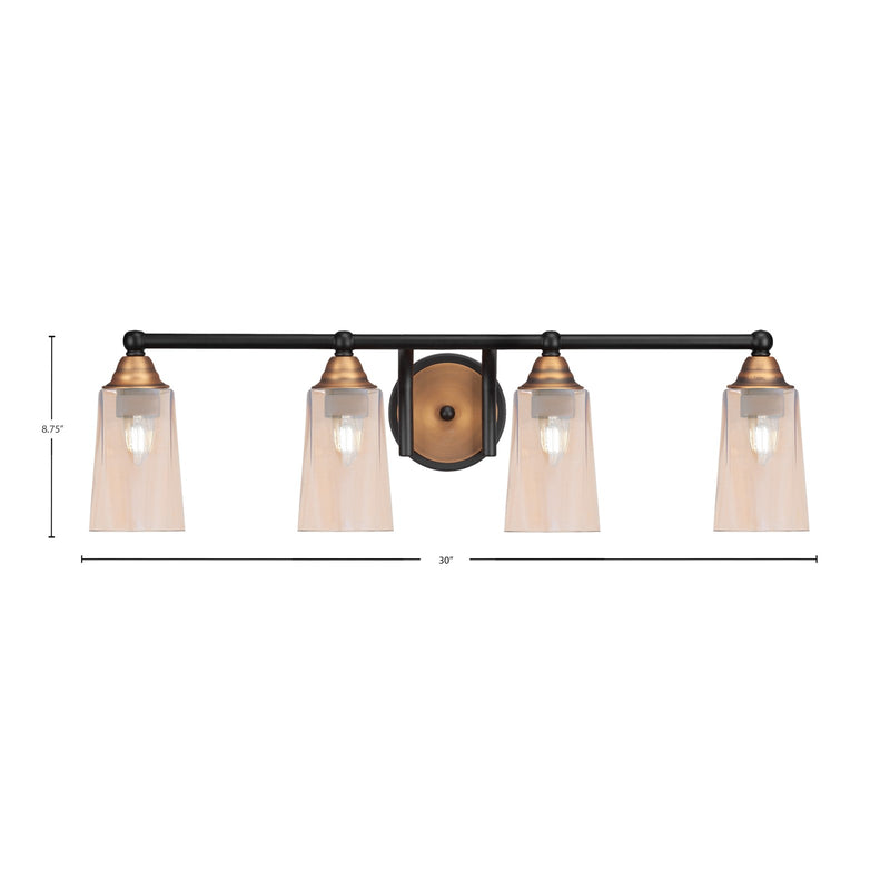 Toltec Paramount 4-Light Bath Bar | Modern Matte Black and Brass with Amber Gradient Glass | Bathroom Vanity Light | 7.25 x 8.75 in | Model 3424-MBBR-263