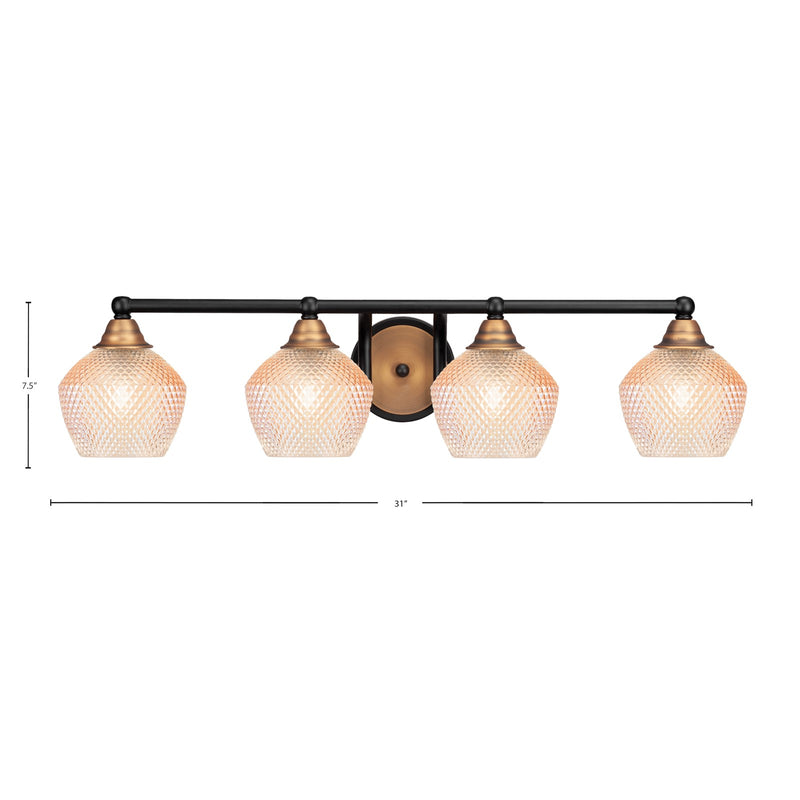 Toltec Paramount 31in 4-Light Bath Bar | Matte Black & Brass Steel and Amber Textured Glass | Bathroom Vanity | 31 x 7.5 x 8 in | Model 3424-MBBR-4623