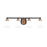 Toltec Paramount 4-Light Bath Bar | Modern Matte Black and Brass with White Opal Glass | Bathroom Vanity Light | 7.25 x 7.75 in | Model 3424-MBBR-5031