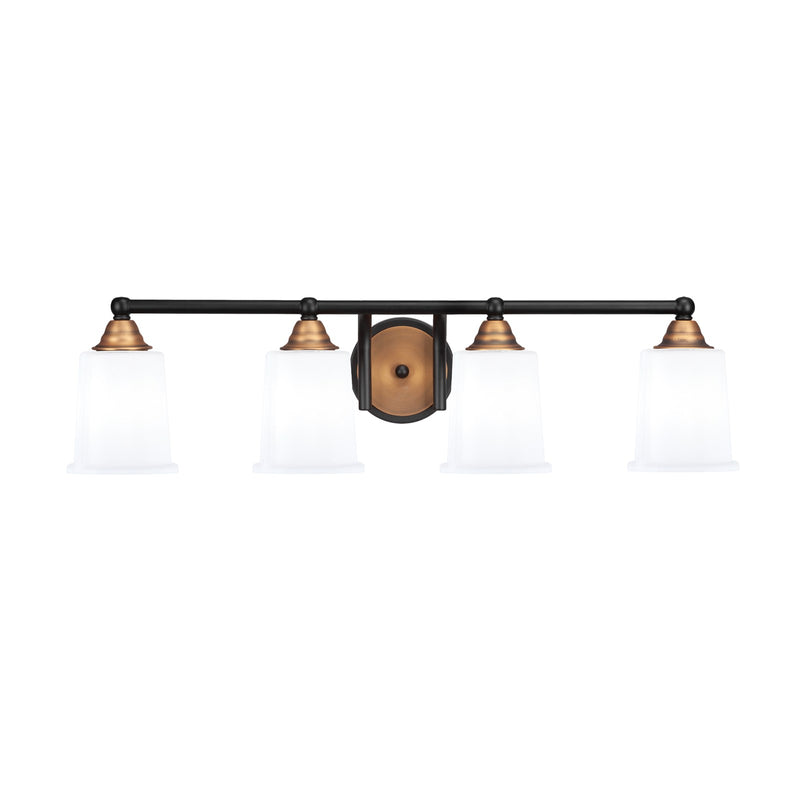Toltec Paramount 4-Light Bath Bar | Modern Matte Black and Brass with White Opal Glass | Bathroom Vanity Light | 7.25 x 7.75 in | Model 3424-MBBR-5031
