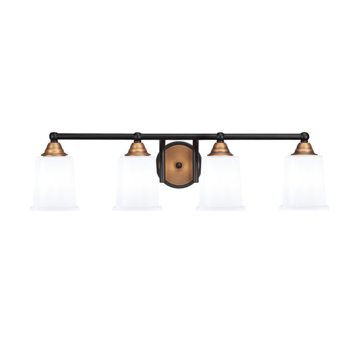 Toltec Paramount 4-Light Bath Bar | Modern Matte Black and Brass with White Opal Glass | Bathroom Vanity Light | 7.25 x 7.75 in | Model 3424-MBBR-5031