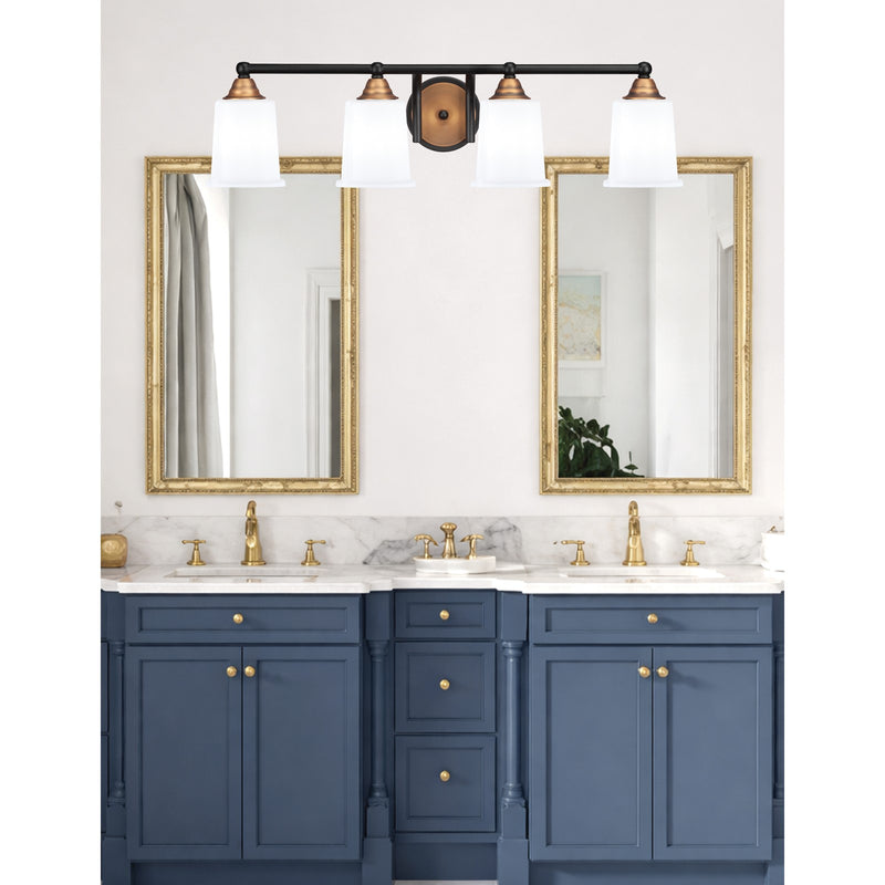 Toltec Paramount 4-Light Bath Bar | Modern Matte Black and Brass with White Opal Glass | Bathroom Vanity Light | 7.25 x 7.75 in | Model 3424-MBBR-5031