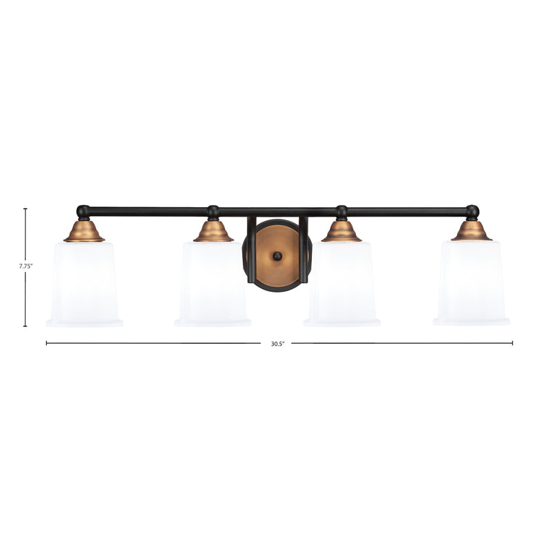 Toltec Paramount 4-Light Bath Bar | Modern Matte Black and Brass with White Opal Glass | Bathroom Vanity Light | 7.25 x 7.75 in | Model 3424-MBBR-5031