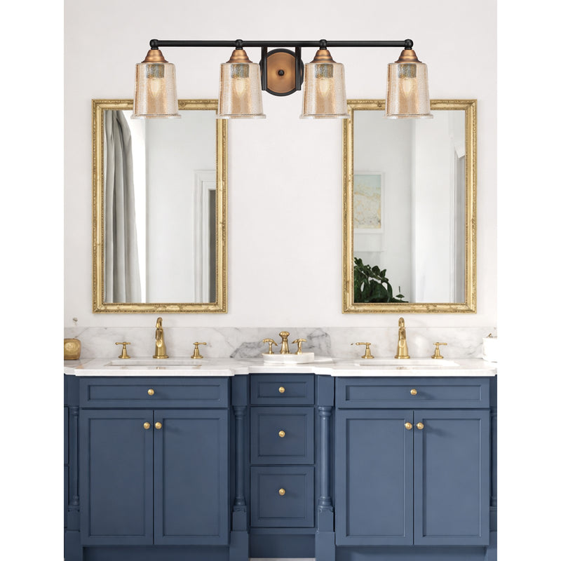 Toltec Paramount 4-Light Bath Bar | Modern Matte Black and Brass with Amber Bubble Glass | Bathroom Vanity & Powder Room | 7.75 in H | Model 3424-MBBR-5033