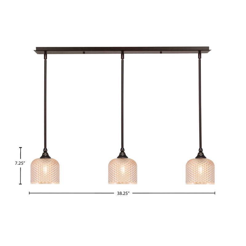 Toltec Stem 38in 3-Light Linear Pendant | Dark Granite Steel and Amber Textured Glass | Kitchen Island & Dining Room | 38.25 x 6 x 7.25 in | Model 36-DG-4613