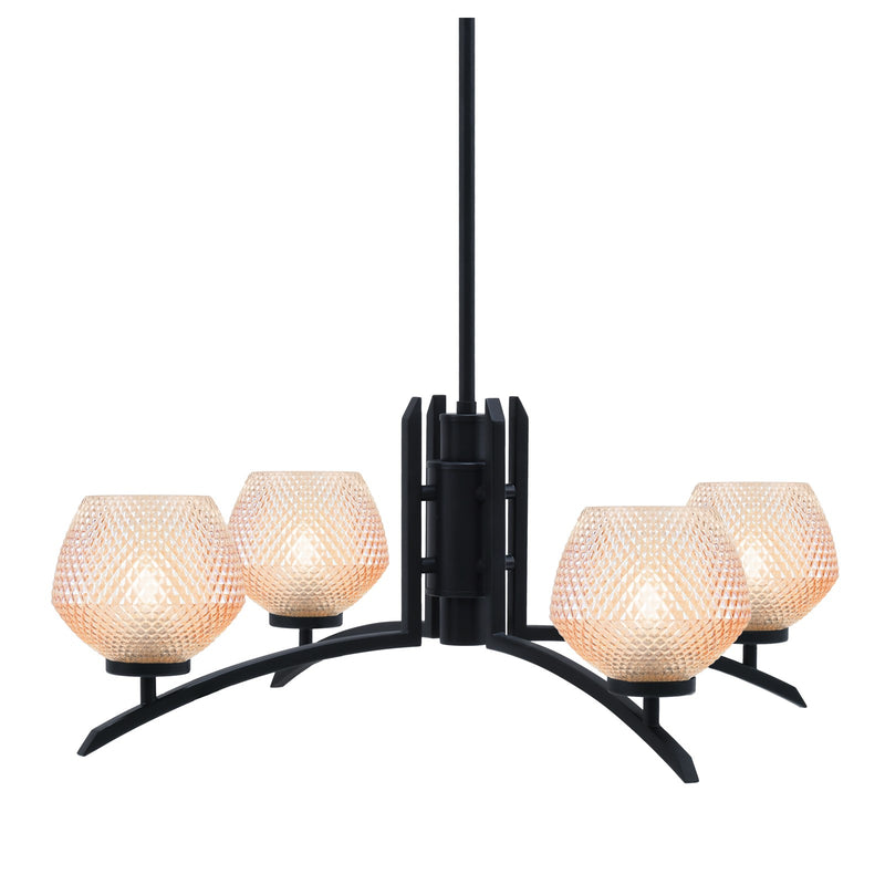 Toltec Kurve 38in 4-Light Chandelier | Matte Black Steel and Amber Textured Glass | Dining Room & Entryway | 38.25 x 6 x 7.25 in | Model 3704-MB-4623