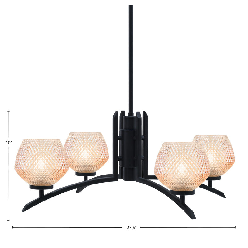 Toltec Kurve 38in 4-Light Chandelier | Matte Black Steel and Amber Textured Glass | Dining Room & Entryway | 38.25 x 6 x 7.25 in | Model 3704-MB-4623