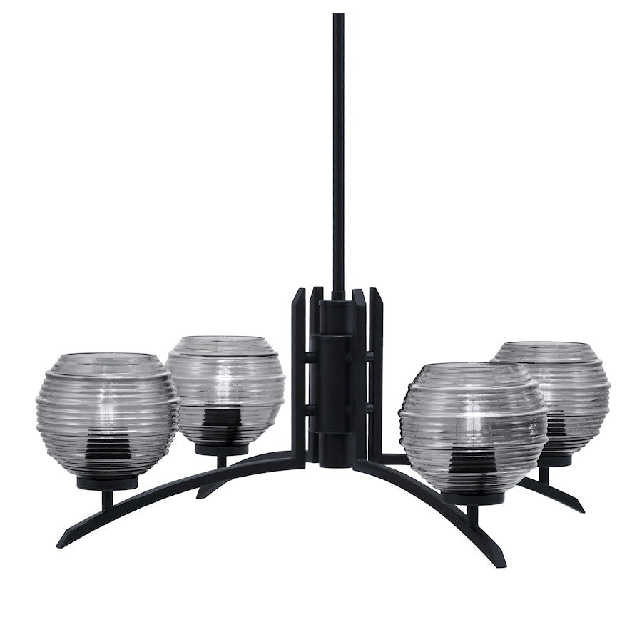 Toltec Kurve 4Lt Chandelier, Black, 6" Smoke Ribbed - 3704-MB-5112