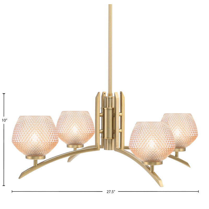 Toltec Kurve 27.5in 4-Light Chandelier | Modern New Age Brass Steel and Amber Textured Glass | Dining Room & Entryway | 27.5 x 10 in | Model 3704-NAB-4623