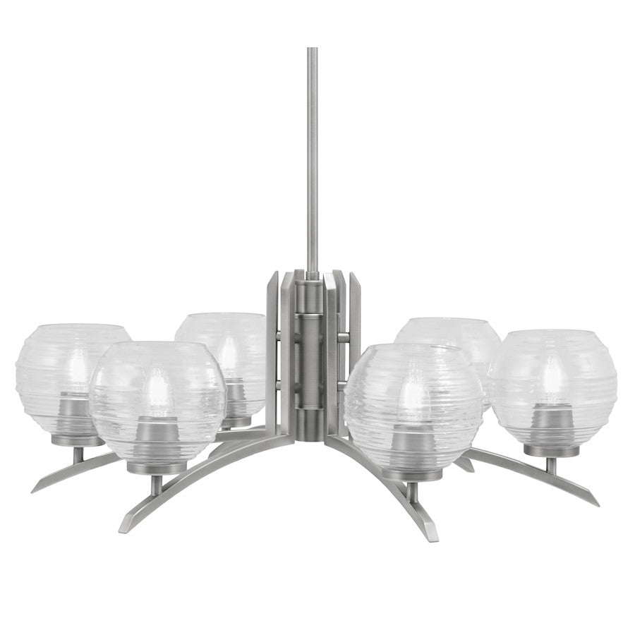 Toltec Kurve 6Lt Chandelier, Graphite, 6" Clear Ribbed - 3706-GP-5110