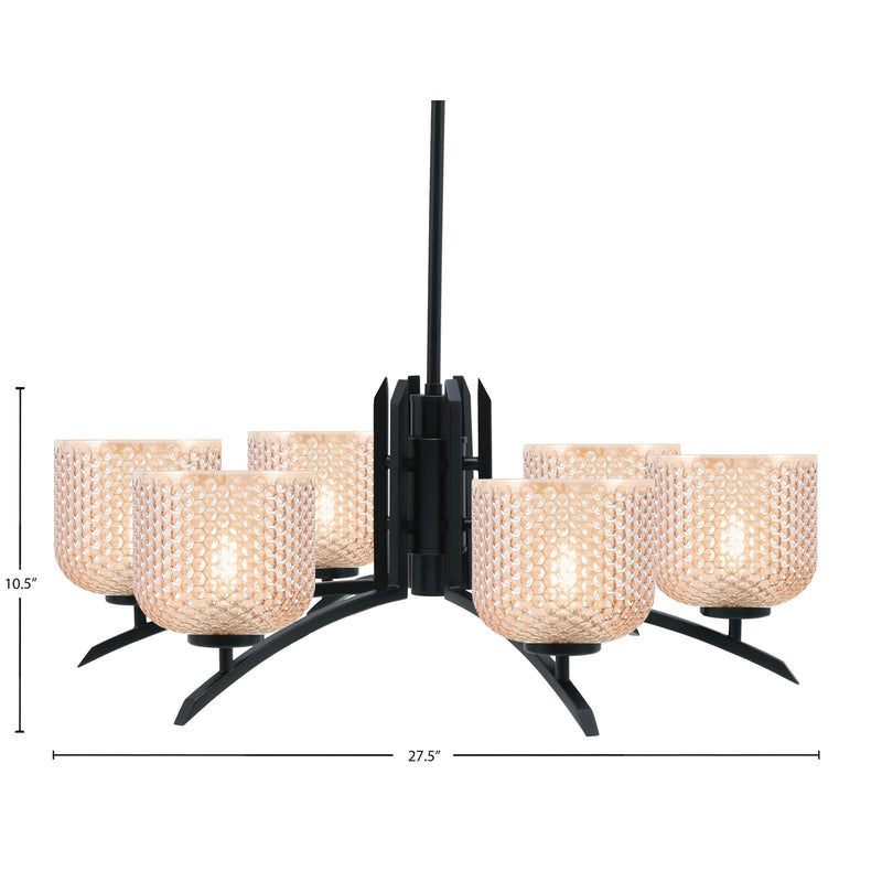 Toltec Kurve 27.5in 6-Light Chandelier | Modern Matte Black Steel and Amber Textured Glass | Dining Room & Kitchen Island | 27.5 x 10.5 in | Model 3706-MB-4613