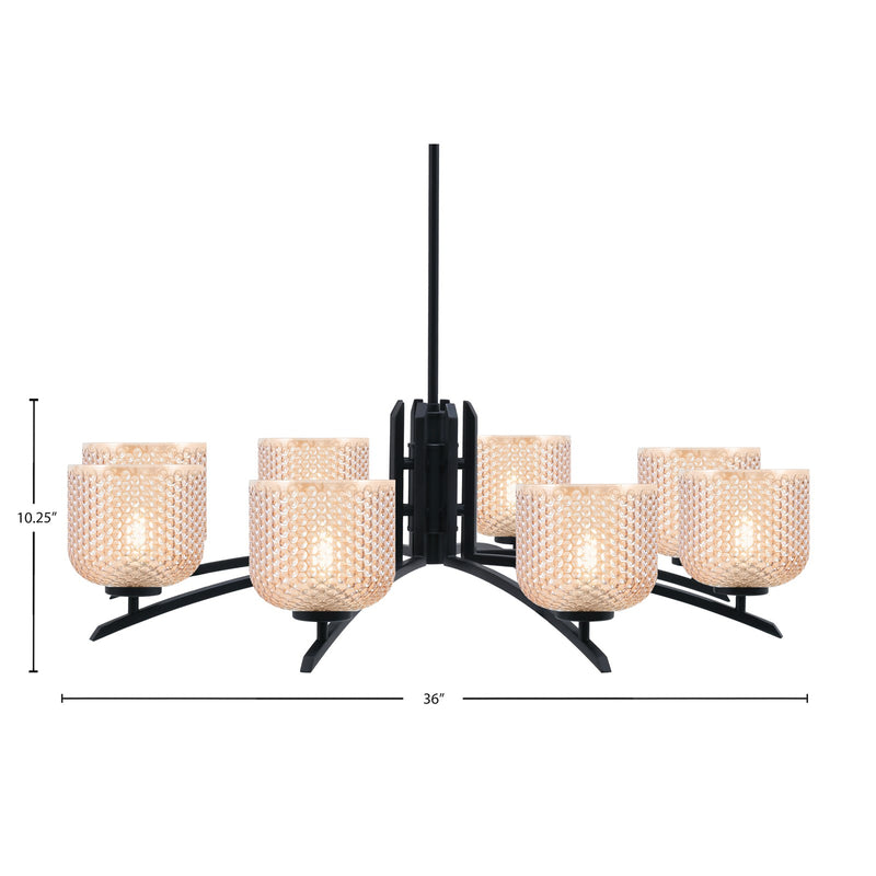 Toltec Kurve 36in 8-Light Chandelier | Modern Matte Black Steel and Amber Textured Glass | Dining Room & Entryway | 36 x 36 x 10.25 in | Model 3708-MB-4613