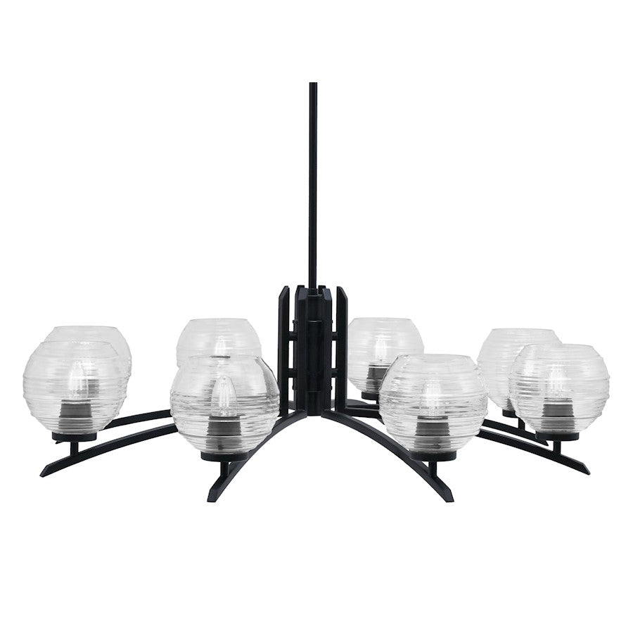 Toltec Kurve 8Lt Chandelier, Black, 6" Clear Ribbed - 3708-MB-5110