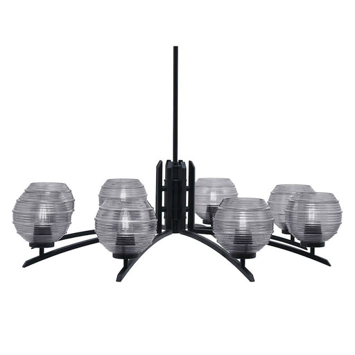 Toltec Kurve 8Lt Chandelier, Black, 6" Smoke Ribbed - 3708-MB-5112