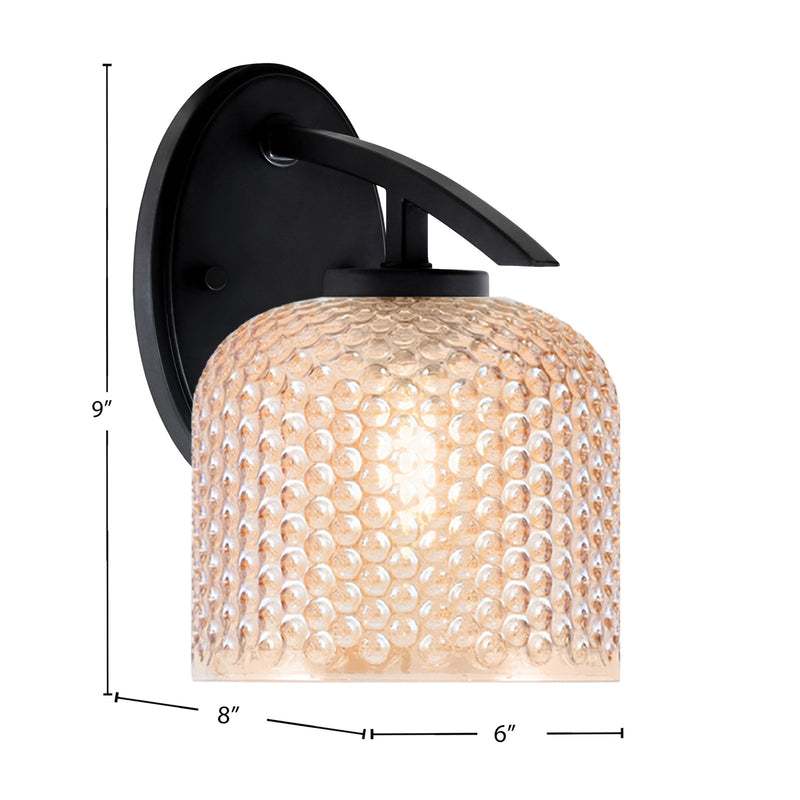 Toltec Kurve 6in 1-Light Wall Sconce | Modern Matte Black Steel and Amber Textured Glass | Hallway & Bedroom Accent | 6 x 8 x 9 in | Model 3720-MB-4613