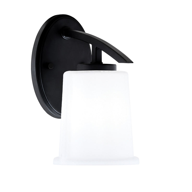 Toltec Kurve 9in 1-Light Wall Sconce | Modern Matte Black and White Opal Glass | Bedroom & Hallway Accent Light | 5 x 8 x 9.25 in | Model 3720-MB-5031