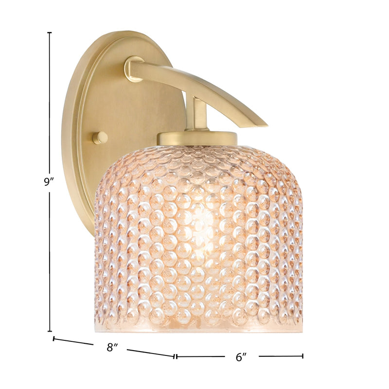 Toltec Kurve 6in 1-Light Wall Sconce | Modern New Age Brass Steel and Amber Textured Glass | Hallway & Bedroom Accent | 6 x 8 x 9 in | Model 3720-NAB-4613
