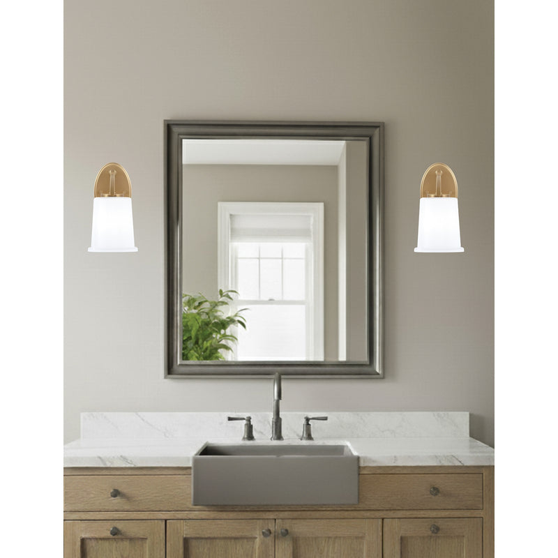 Toltec Kurve 5in 1-Light Wall Sconce | Modern New Age Brass and White Opal Glass | Bathroom & Hallway | 8 x 5 x 9.25 in | Model 3720-NAB-5031