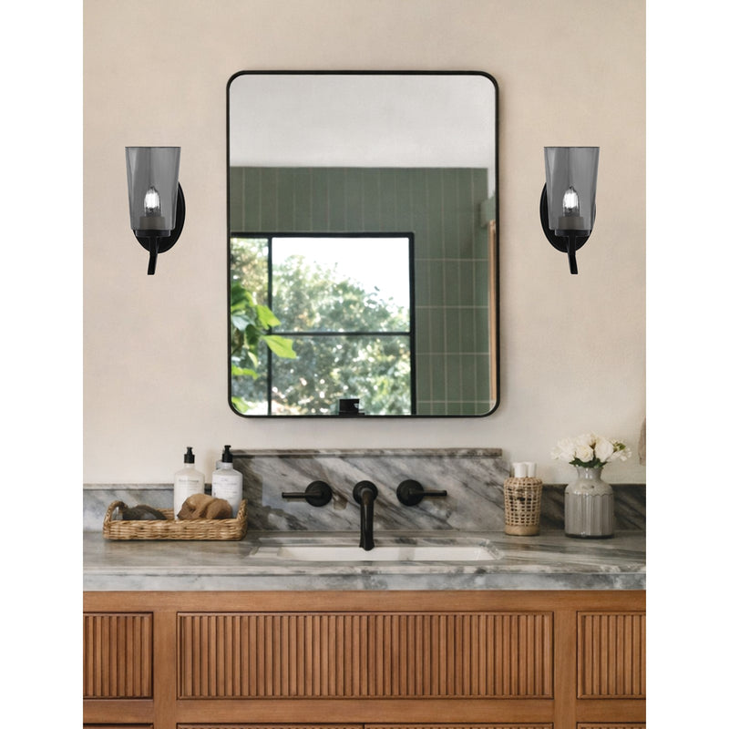 Toltec Kurve 9.5in 1-Light Uplight Wall Sconce | Modern Matte Black and Smoke Bubble Glass | Bathroom & Hallway | Model 3721-MB-262