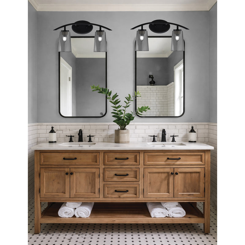 Toltec Kurve 2-Light Bath Bar | Modern Matte Black Steel and Smoke Bubble Glass | Bathroom Vanity & Powder Room | 10.5in H x 7.25in D | Model 3722-MB-262