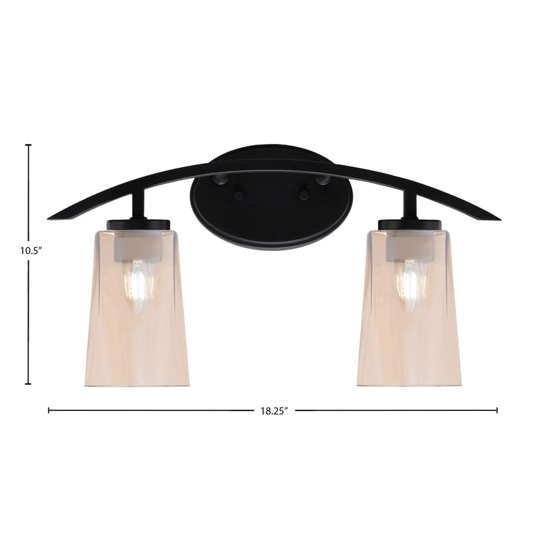 Toltec Kurve 2-Light Bath Bar | Modern Matte Black Steel and Amber Gradient Glass | Bathroom Vanity & Powder Room | 10.5in H x 7.25in D | Model 3722-MB-263