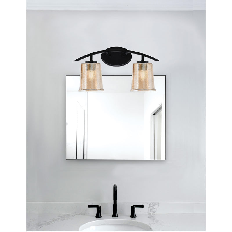 Toltec Kurve 2-Light Bath Bar | Modern Matte Black Steel and Amber Bubble Glass | Bathroom Vanity & Powder Room | 7 x 9.5 in | Model 3722-MB-5033