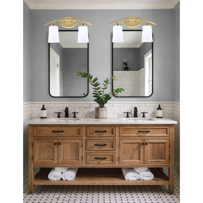 Toltec Kurve 2-Light Bath Bar | Contemporary New Age Brass Steel and White Opal Glass | Bathroom Vanity & Powder Room | 7.25 x 10.5 in | Model 3722-NAB-261