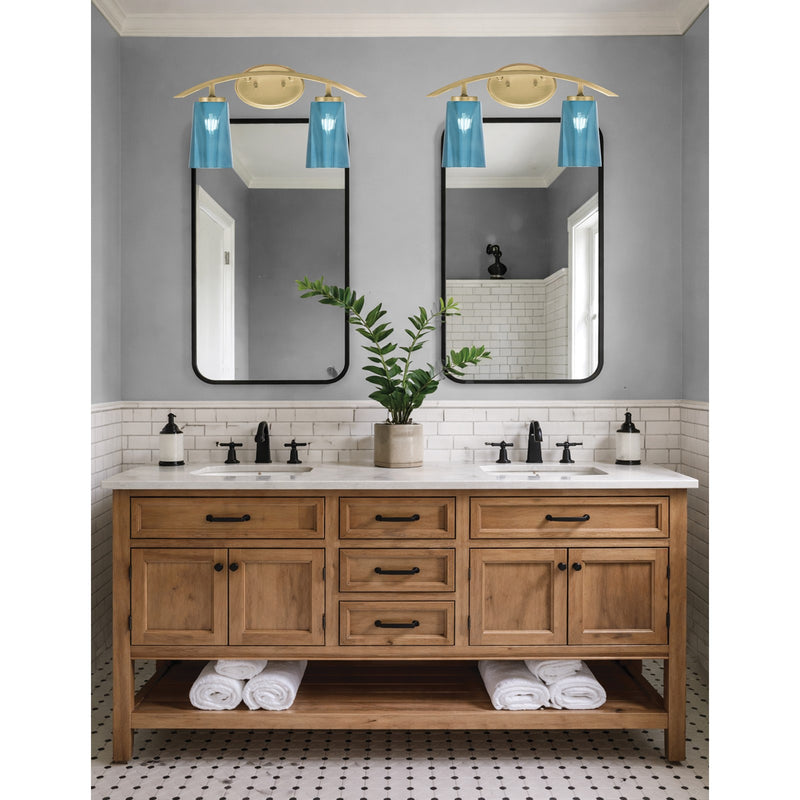 Toltec Kurve 2-Light Bath Bar | Modern New Age Brass and Blue Gradient Glass | Bathroom & Powder Room Vanity Light | 7.25 x 10.5 in | Model 3722-NAB-265