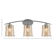 Toltec Kurve 3-Light Bath Bar | Modern Graphite Finish and Amber Bubble Glass | Bathroom Vanity Lighting | 7 x 9.5 in | Model 3723-GP-5033