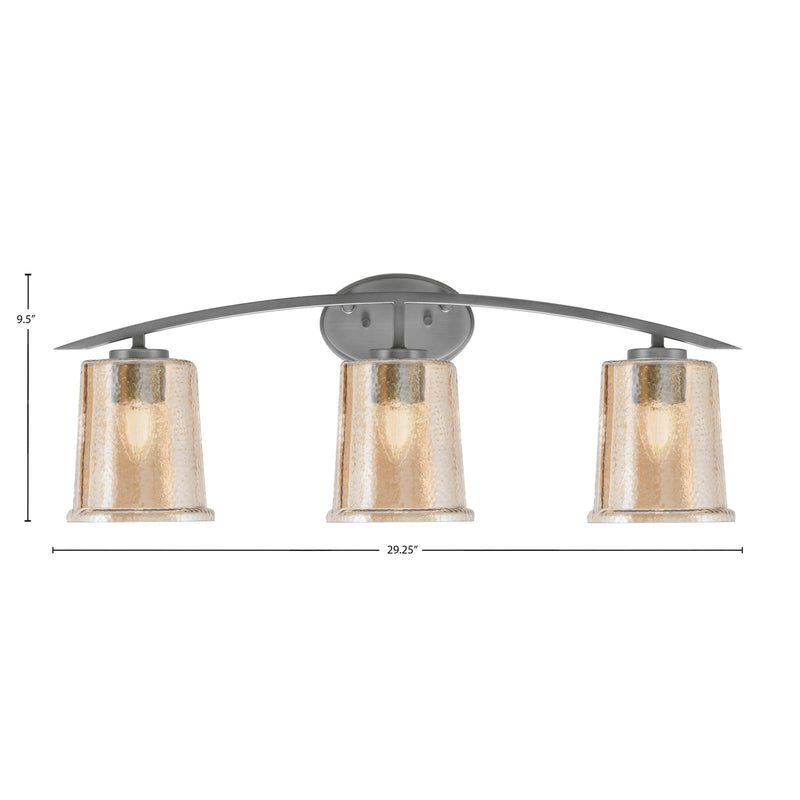 Toltec Kurve 3-Light Bath Bar | Modern Graphite Finish and Amber Bubble Glass | Bathroom Vanity Lighting | 7 x 9.5 in | Model 3723-GP-5033