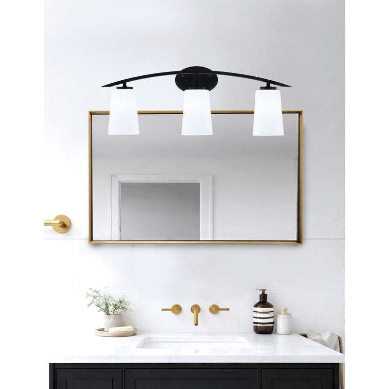 Toltec Kurve 3-Light Bath Bar | Matte Black Finish and White Opal Glass | Bathroom Vanity Light | 7.25 x 10.5 in | Model 3723-MB-261