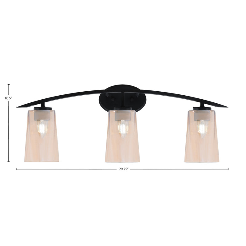 Toltec Kurve 3-Light Bath Bar | Modern Matte Black and Amber Gradient Glass | Bathroom Vanity Light | 7.25 x 10.5 in | Model 3723-MB-263