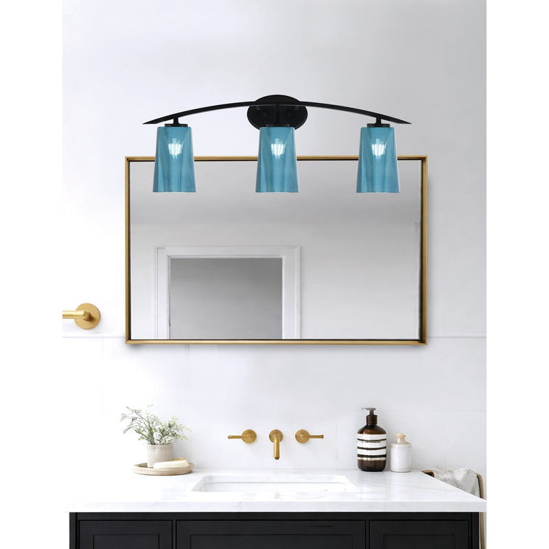 Toltec Kurve 3-Light Bath Bar | Modern Matte Black and Blue Gradient Glass | Bathroom Vanity Light | 7.25 x 10.5 in | Model 3723-MB-265