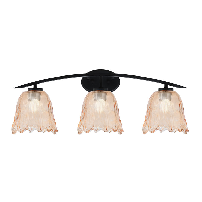Toltec Kurve 3-Light Bath Bar | Modern Matte Black and Amber Lava Glass | Bathroom Vanity & Powder Room | 7.5 x 10.25 in | Model 3723-MB-4233