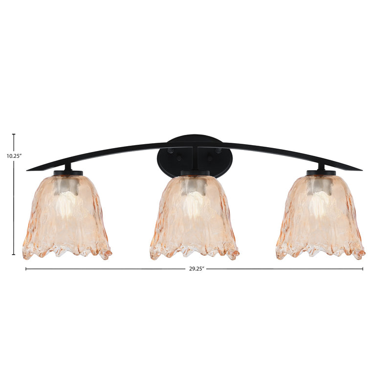 Toltec Kurve 3-Light Bath Bar | Modern Matte Black and Amber Lava Glass | Bathroom Vanity & Powder Room | 7.5 x 10.25 in | Model 3723-MB-4233