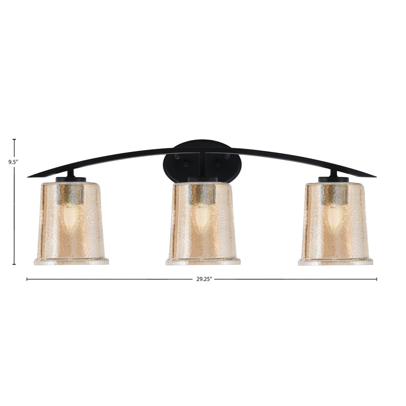 Toltec Kurve 3-Light Bath Bar | Modern Matte Black and Amber Bubble Glass | Bathroom Vanity & Powder Room | 7 x 9.5 in | Model 3723-MB-5033