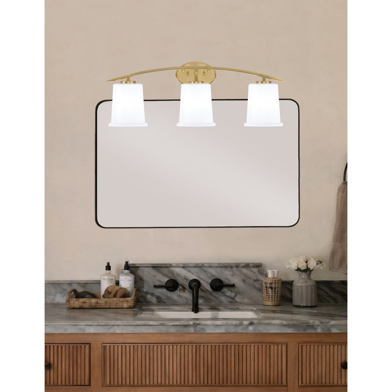 Toltec Kurve 3-Light Bath Bar | New Age Brass and White Opal Glass | Bathroom Vanity & Powder Room | 7 x 9.5 in | Model 3723-NAB-5031
