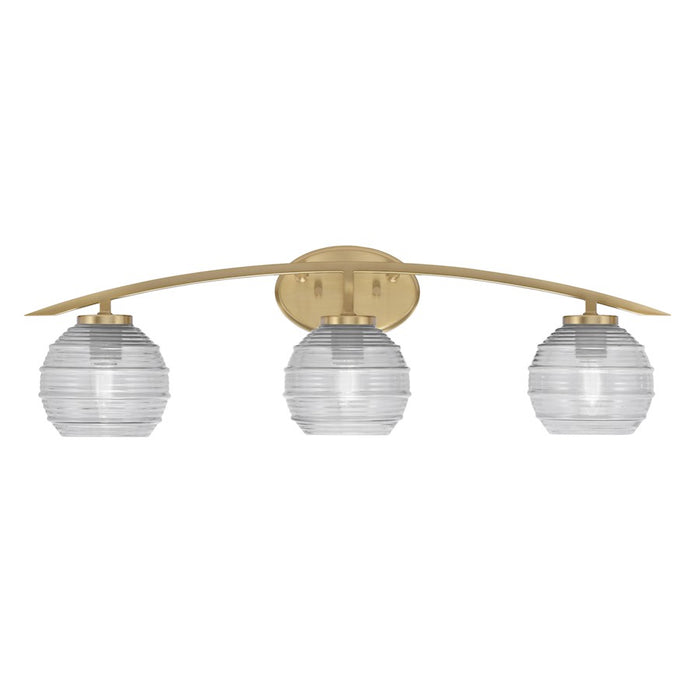 Toltec Kurve 3Lt Bath Bar, Brass, 6" Clear Ribbed - 3723-NAB-5110