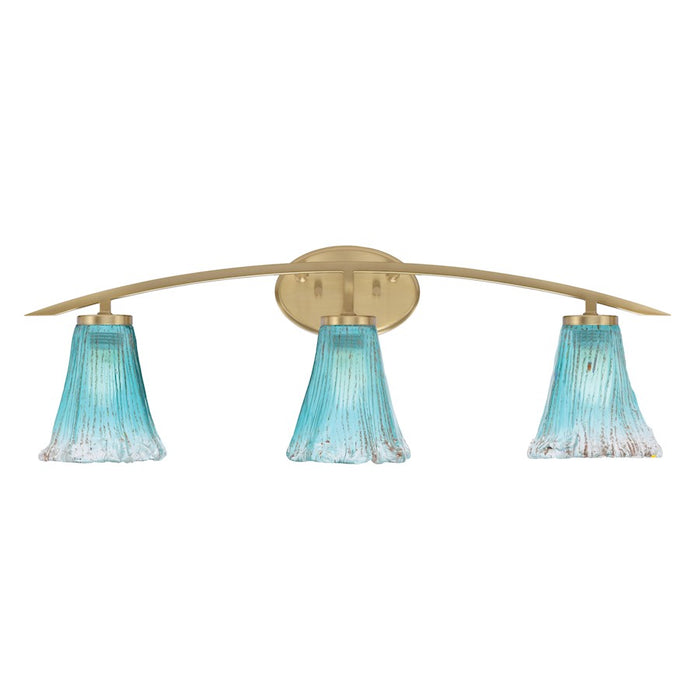 Toltec Kurve 3Lt Bath Bar, Brass, 5.5" Fluted Teal Crystal - 3723-NAB-725