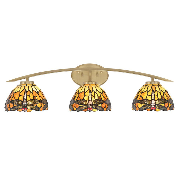 Toltec Kurve 3Lt Bath Bar, Brass, 7" Amber Dragonfly Art - 3723-NAB-9465