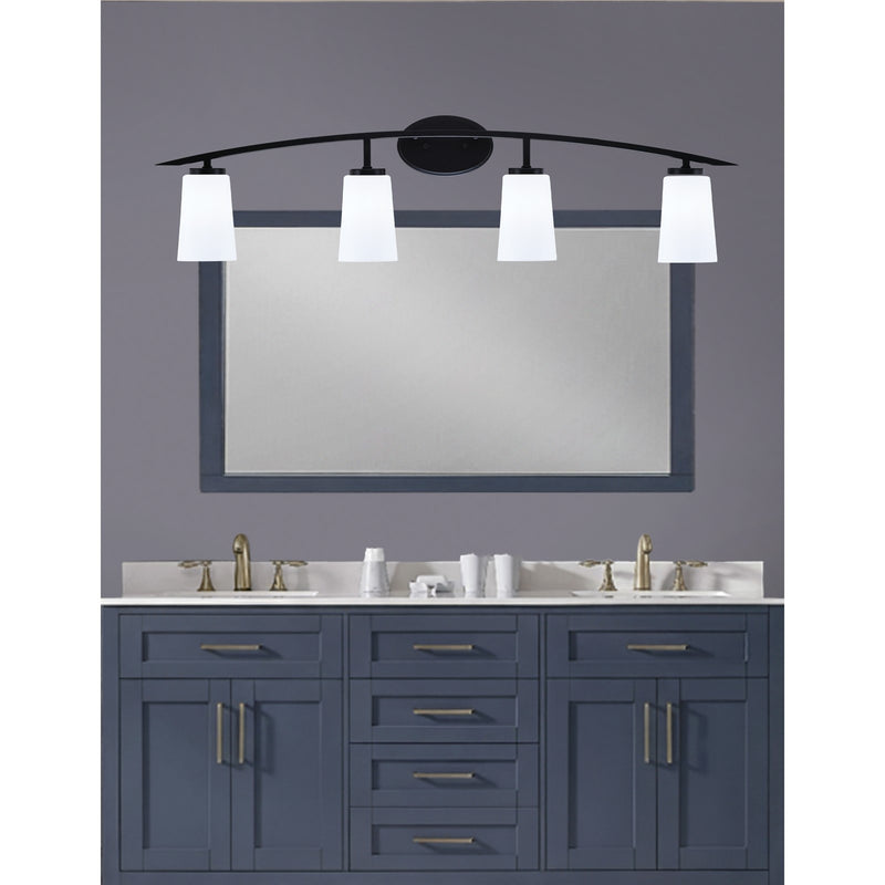 Toltec Kurve 4-Light Bath Bar | Modern Matte Black Steel and White Opal Glass | Bathroom & Powder Room Vanity | 7.25 x 10.5 in | Model 3724-MB-261