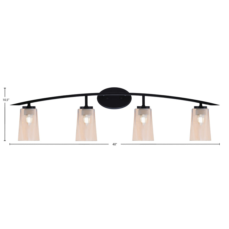 Toltec Kurve 4-Light Bath Bar | Modern Matte Black Steel and Amber Gradient Glass | Bathroom & Powder Room Vanity | 7.25 x 10.5 in | Model 3724-MB-263