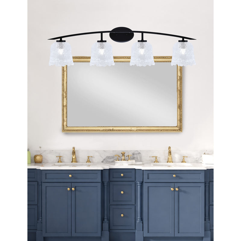 Toltec Kurve 4-Light Bath Bar | Modern Matte Black Steel and Clear Lava Glass | Bathroom Vanity Light | 7.5 x 10.25 in | Model 3724-MB-4230
