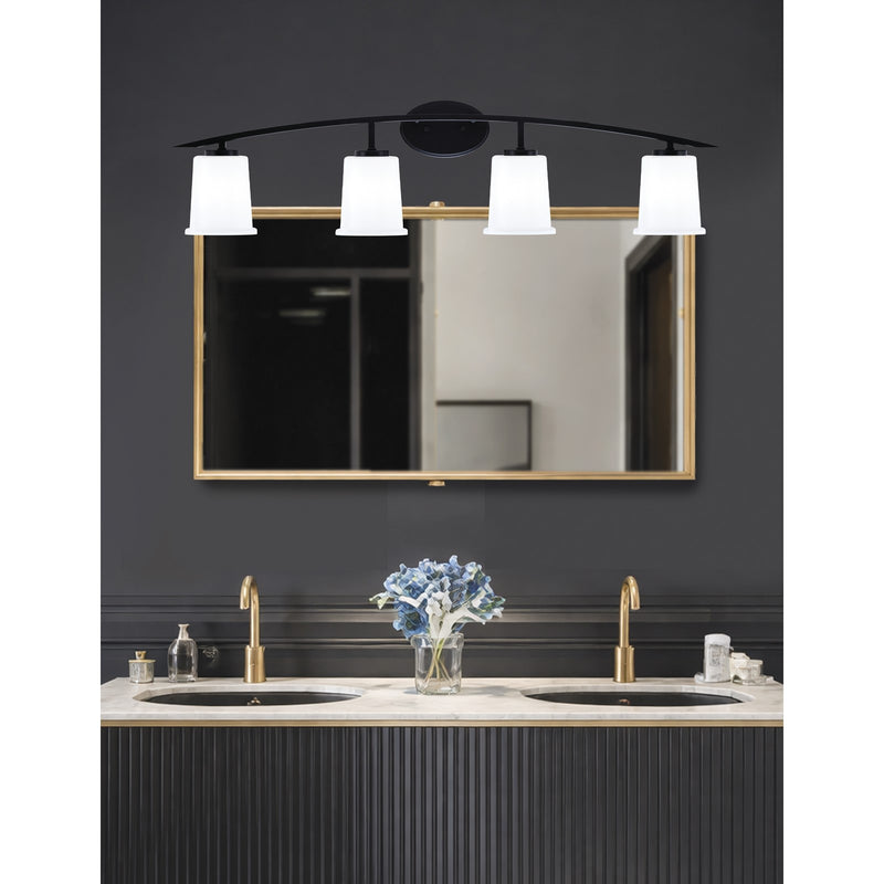 Toltec Kurve 4-Light Bath Bar | Modern Matte Black Steel and White Opal Glass | Bathroom Vanity Light | 7 x 9.5 in | Model 3724-MB-5031